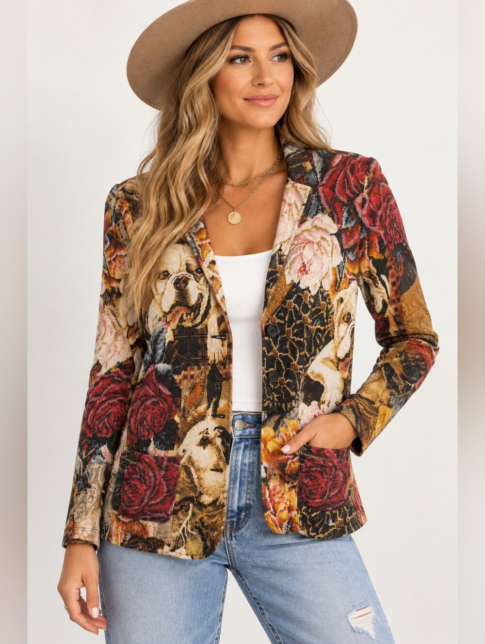 Nice Connection Bulldog Rose Print Knit Blazer Jacket Size 40 Art to Wear